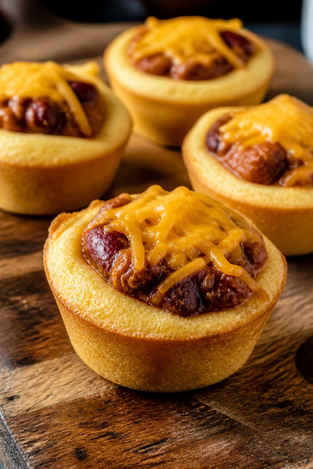 Mini cornbread bowls topped with chili and cheddar on a rustic counter