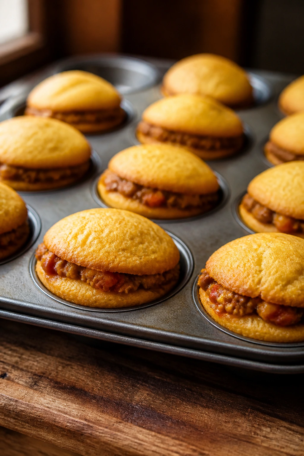 Close-up of golden mini cornbread taco pies in a muffin tin