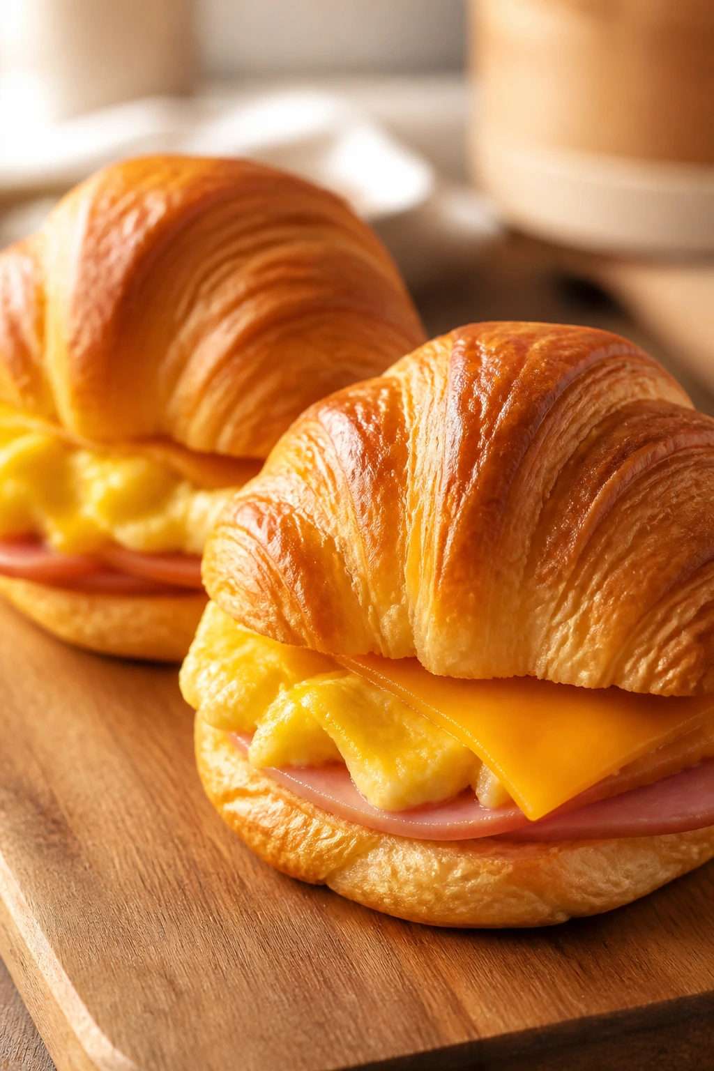 Close-up of two mini croissant breakfast sliders with egg and cheese