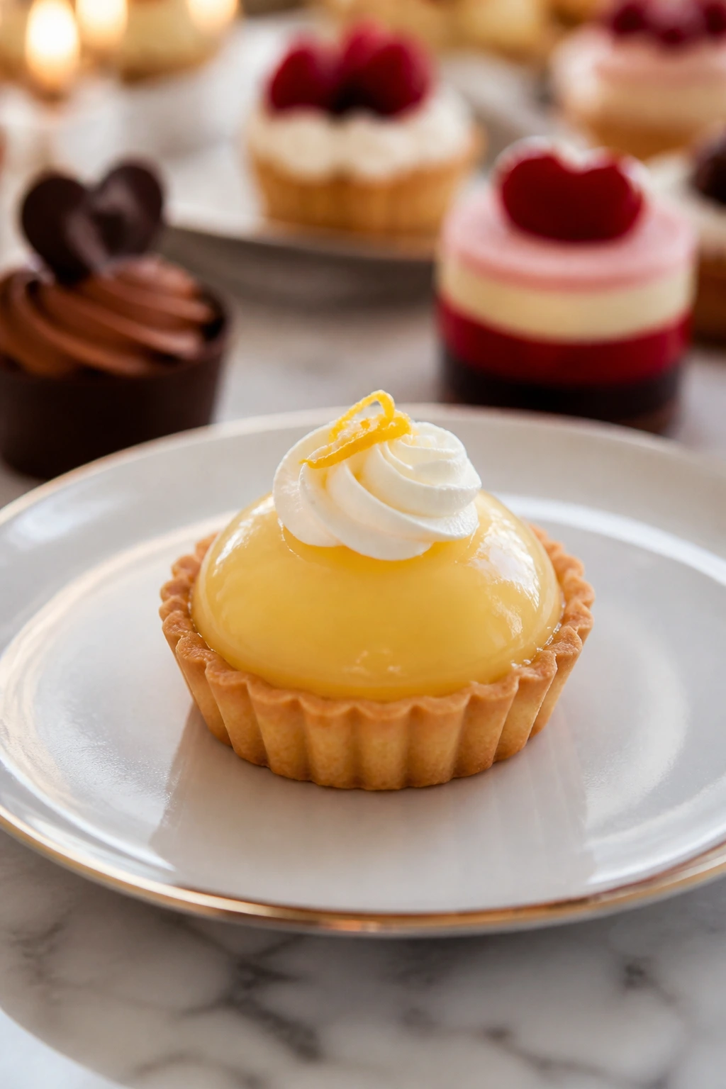 Mini lemon tartlet on plate with a soft dessert table in the background.