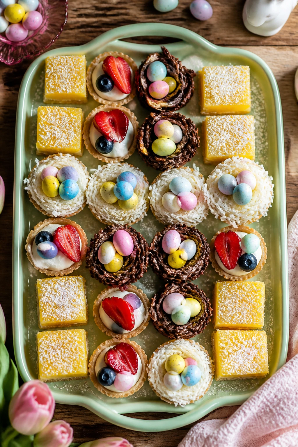 Assorted small Easter desserts arranged on a pastel tray