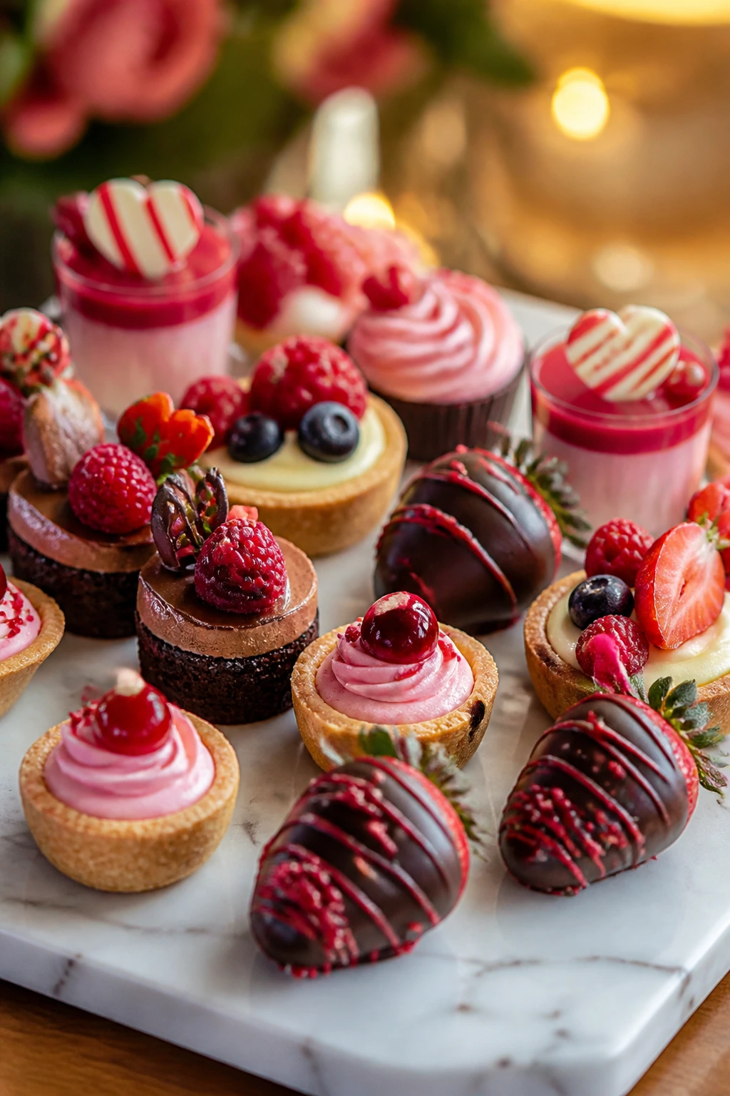 Close-up of a tray of assorted mini desserts on marble, vibrant colors and textures