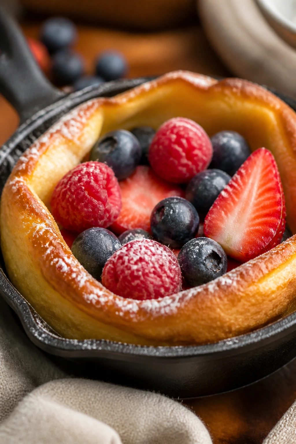 Mini Dutch baby pancake with berries on a plate