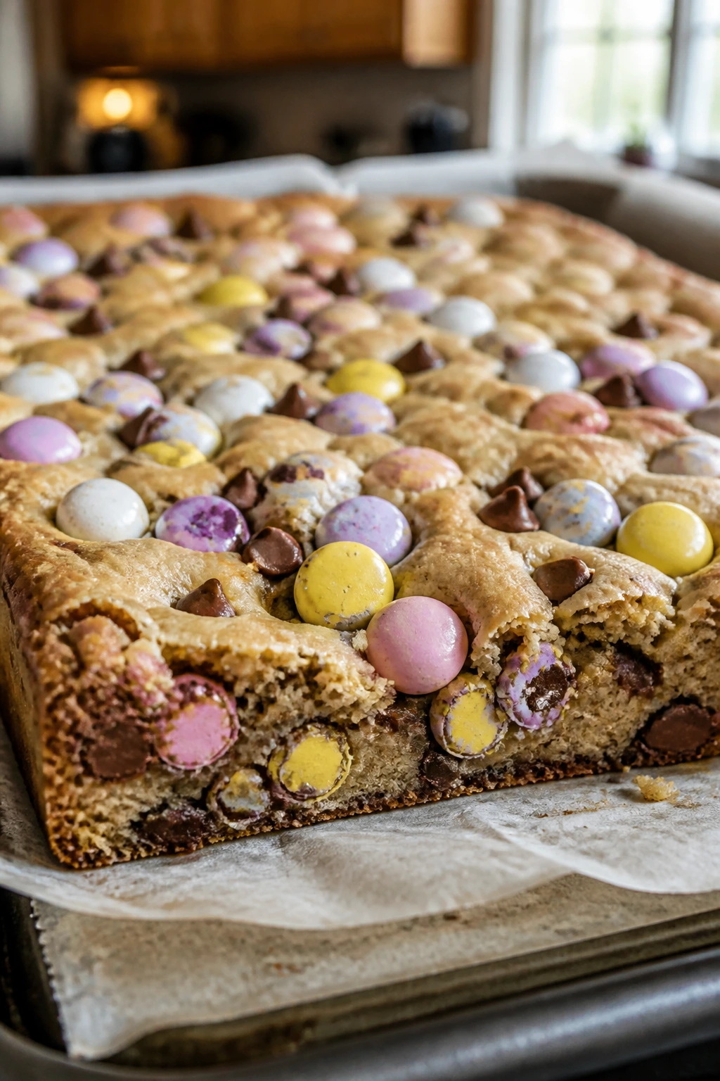 Close-up of a chewy mini egg cookie bar with candy eggs on parchment