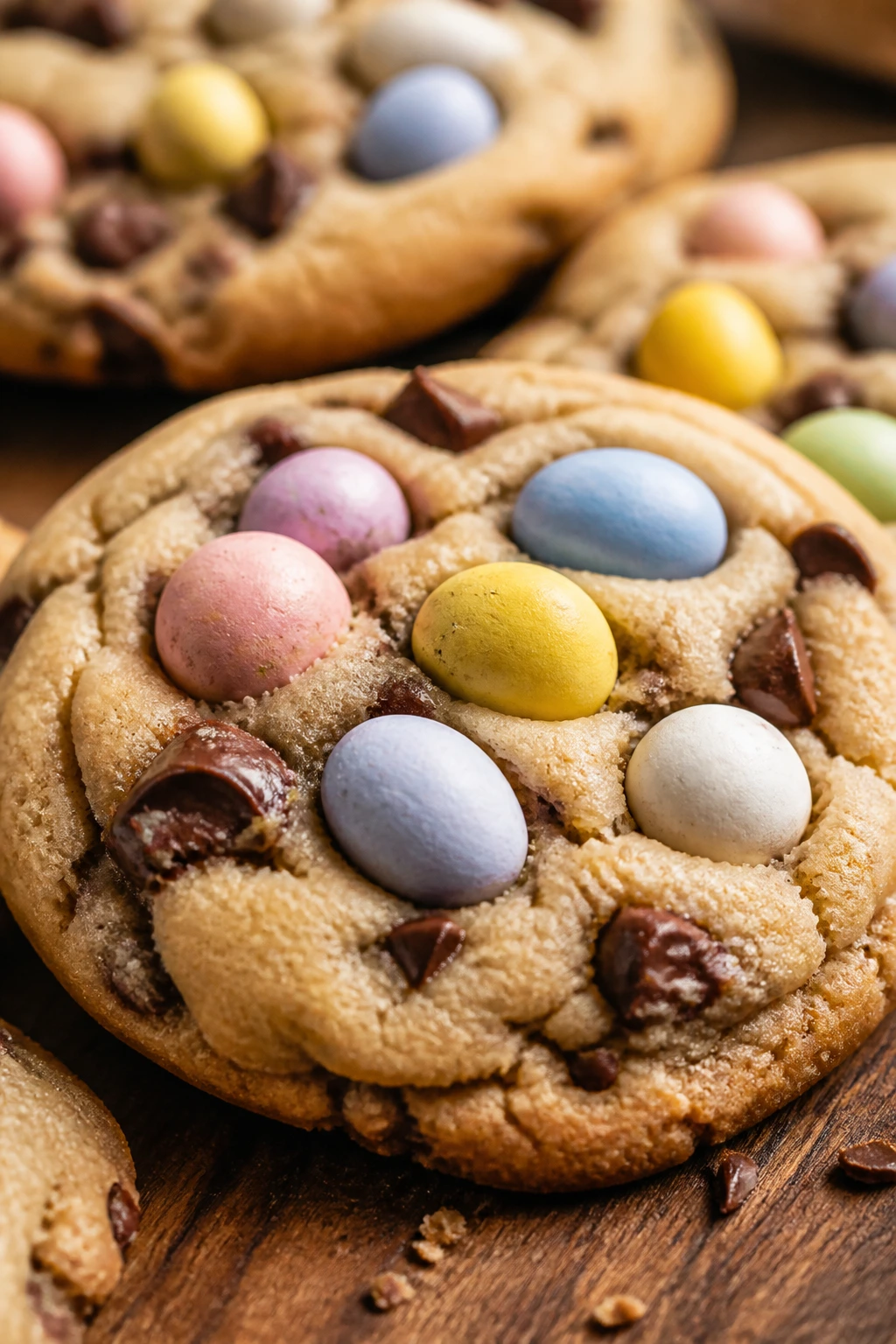 Close-up of a thick cookie with pastel candy eggs on top