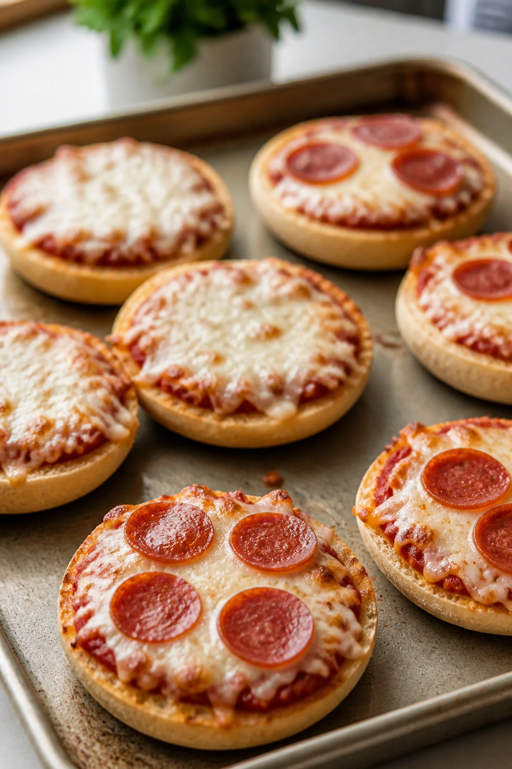 Mini English muffin pizzas on a baking sheet