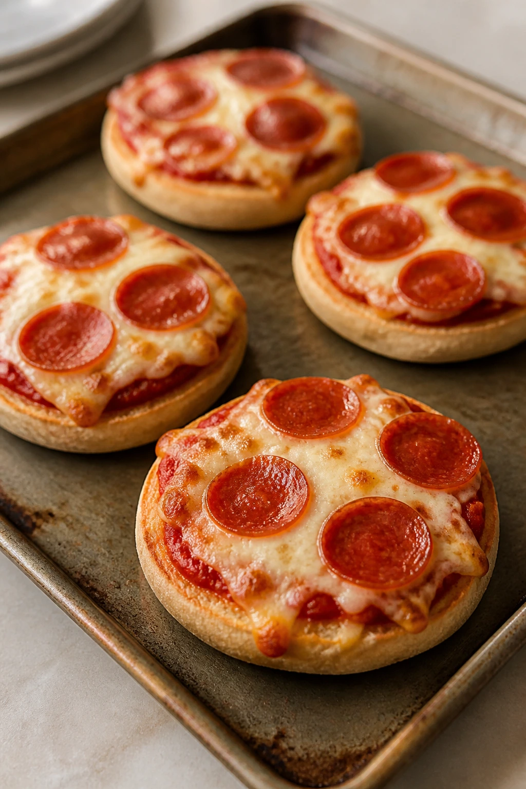 Close-up of mini English muffin pizzas on a baking sheet