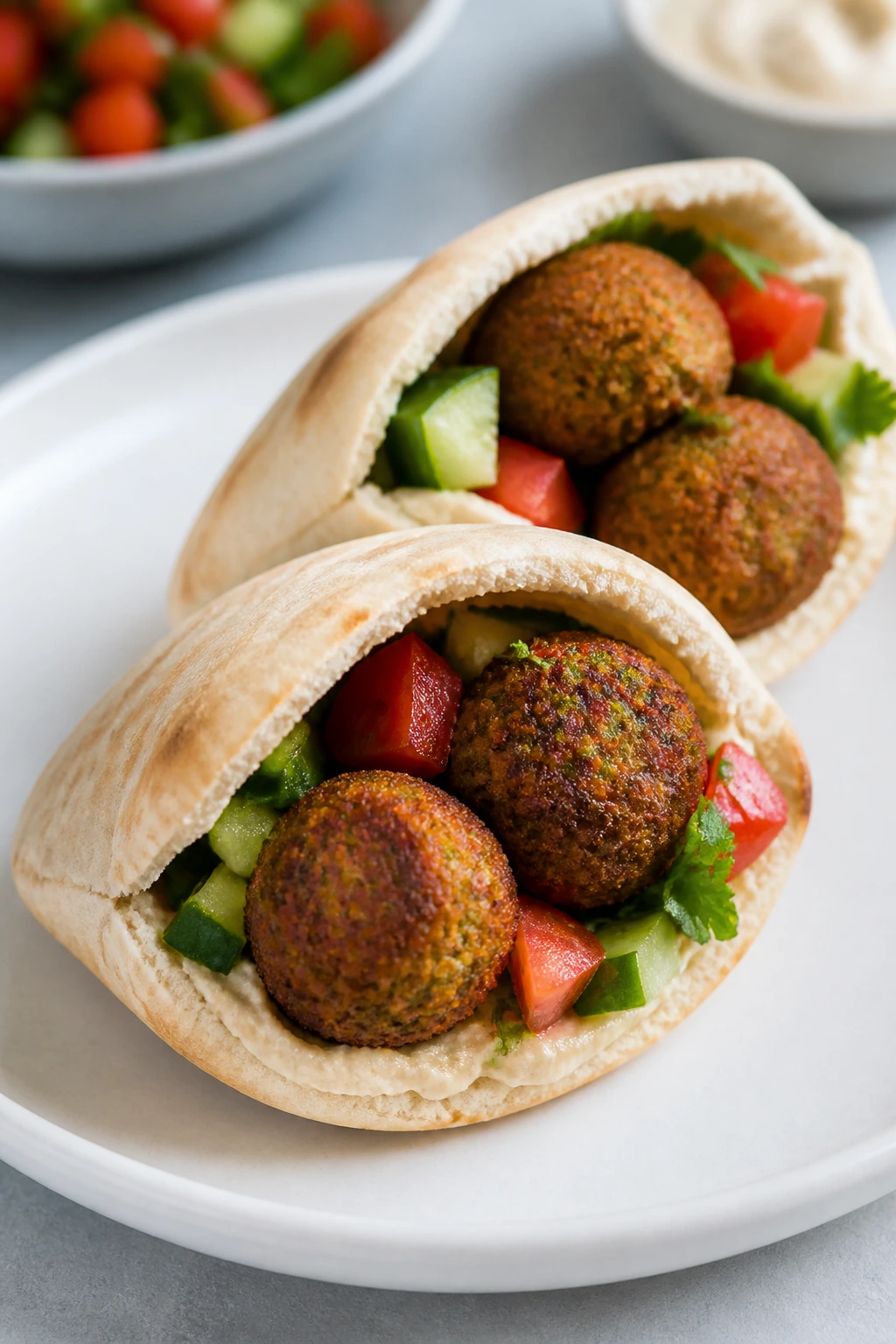 Two mini falafel pitas with vegetables on a plate