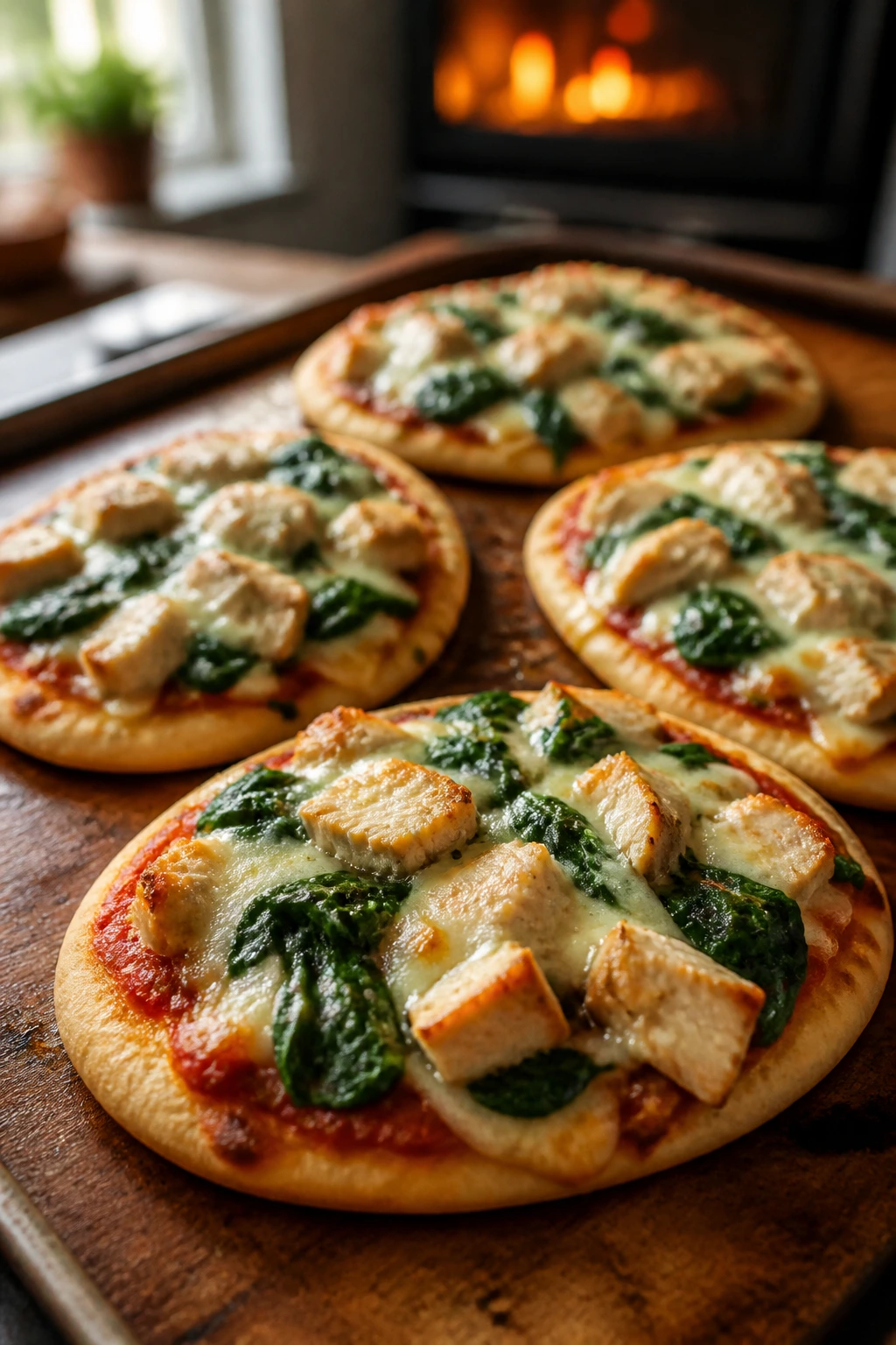 Close-up of mini flatbread pizzas with chicken and spinach on a baking sheet