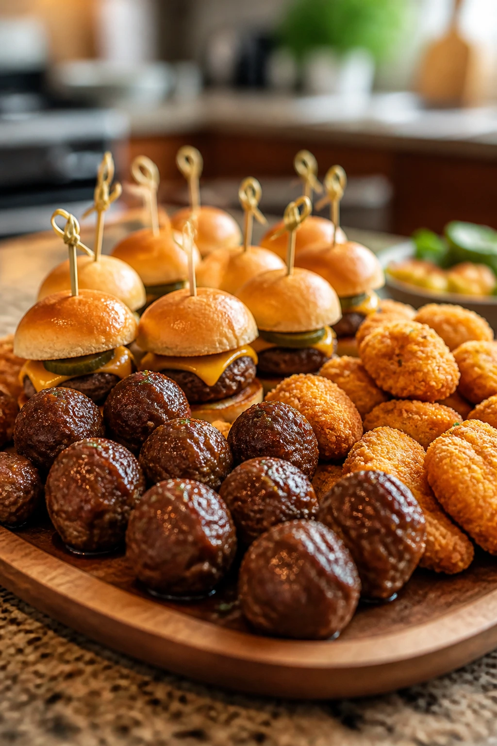 Platter featuring meatballs, sliders, and chicken bites on a wooden board