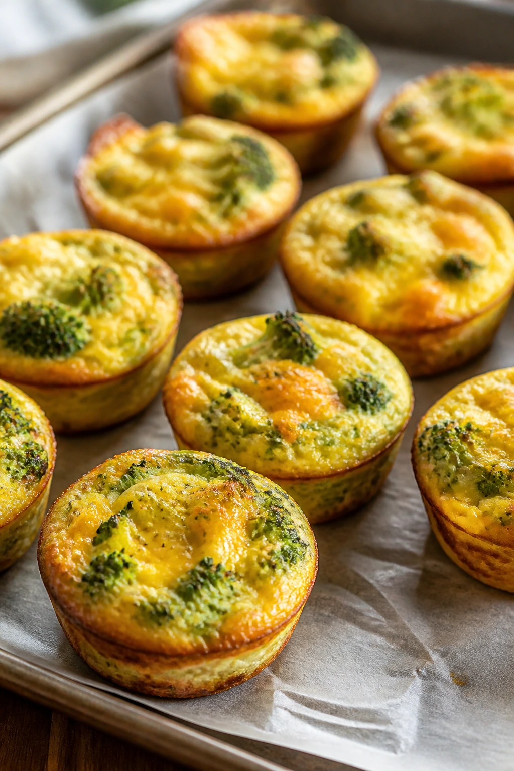 Close-up of mini frittata cups with broccoli and cheddar in muffin tins