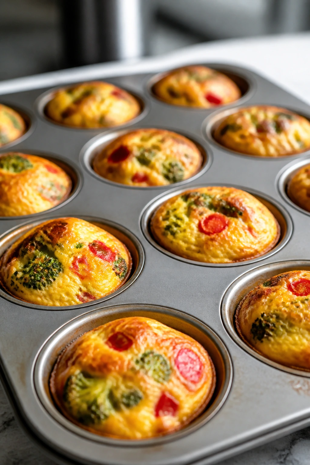 Muffin tin with mini frittata muffins on a kitchen counter