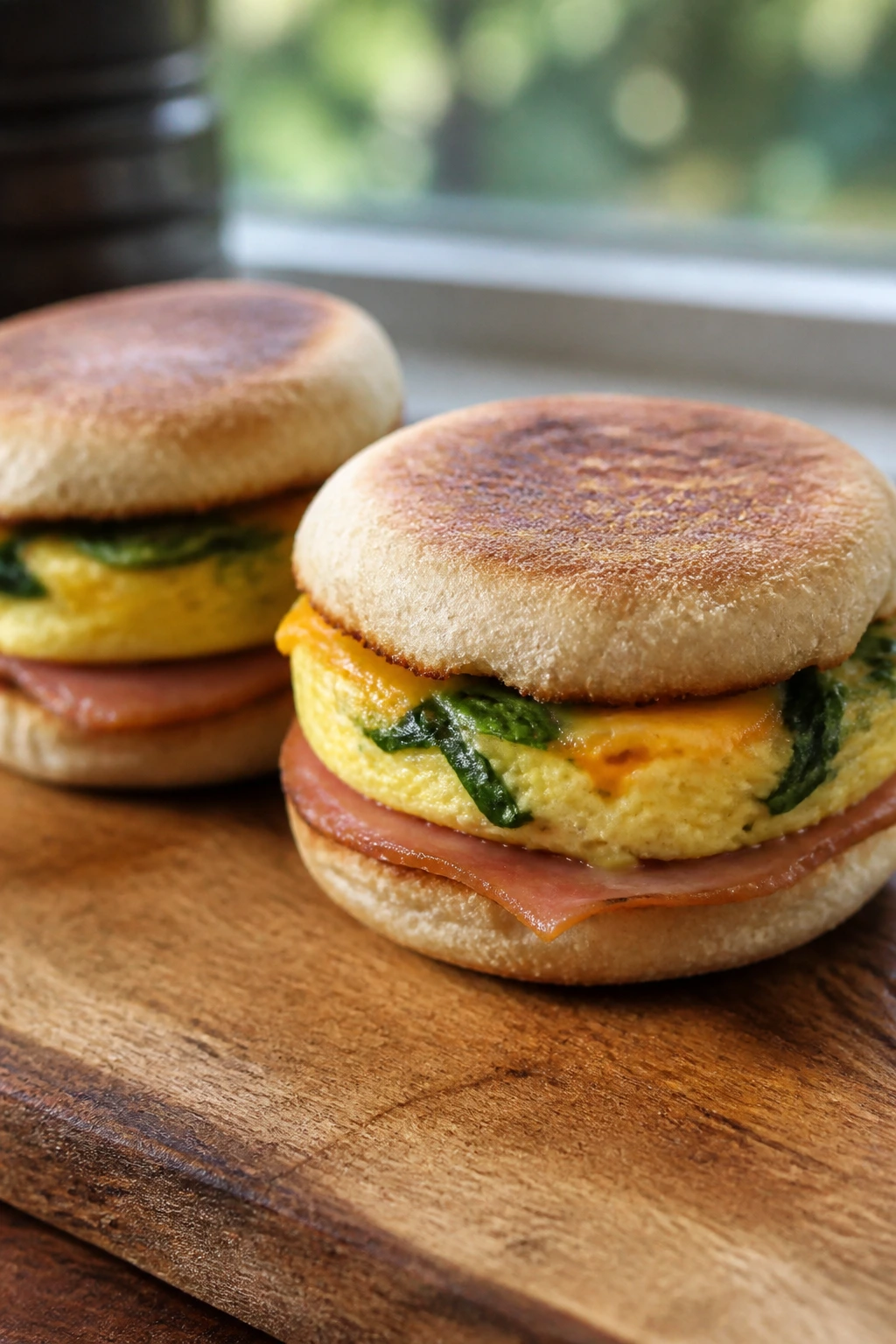 Close-up of mini frittata sandwiches on wooden board