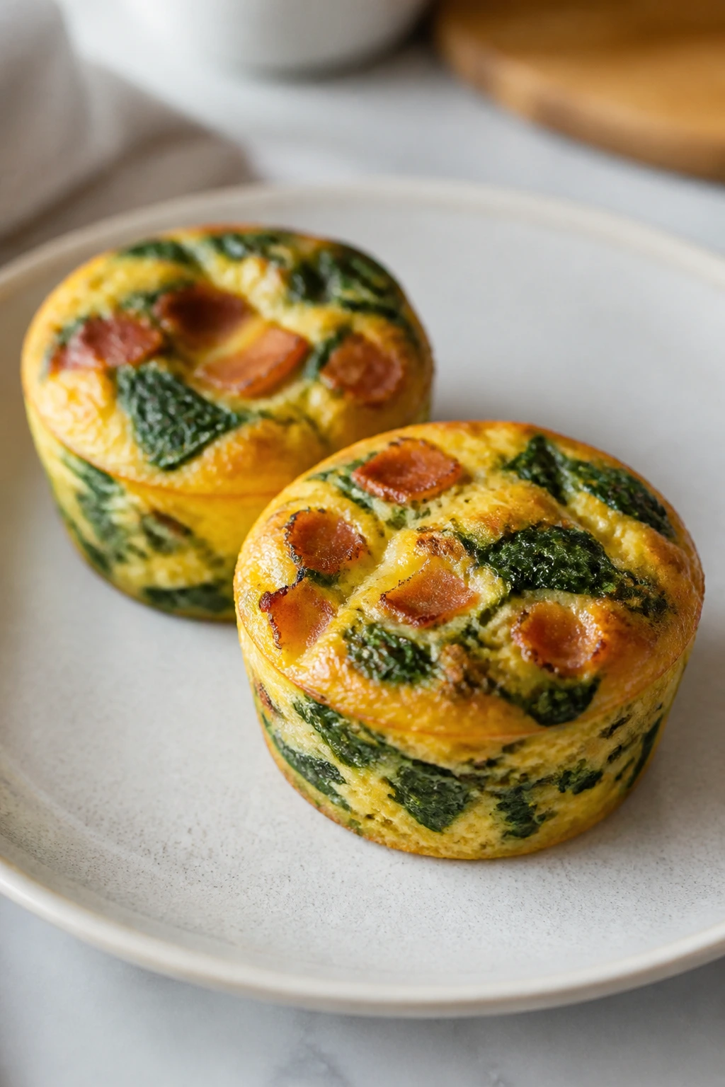 Close-up of spinach and bacon mini frittatas on a plate