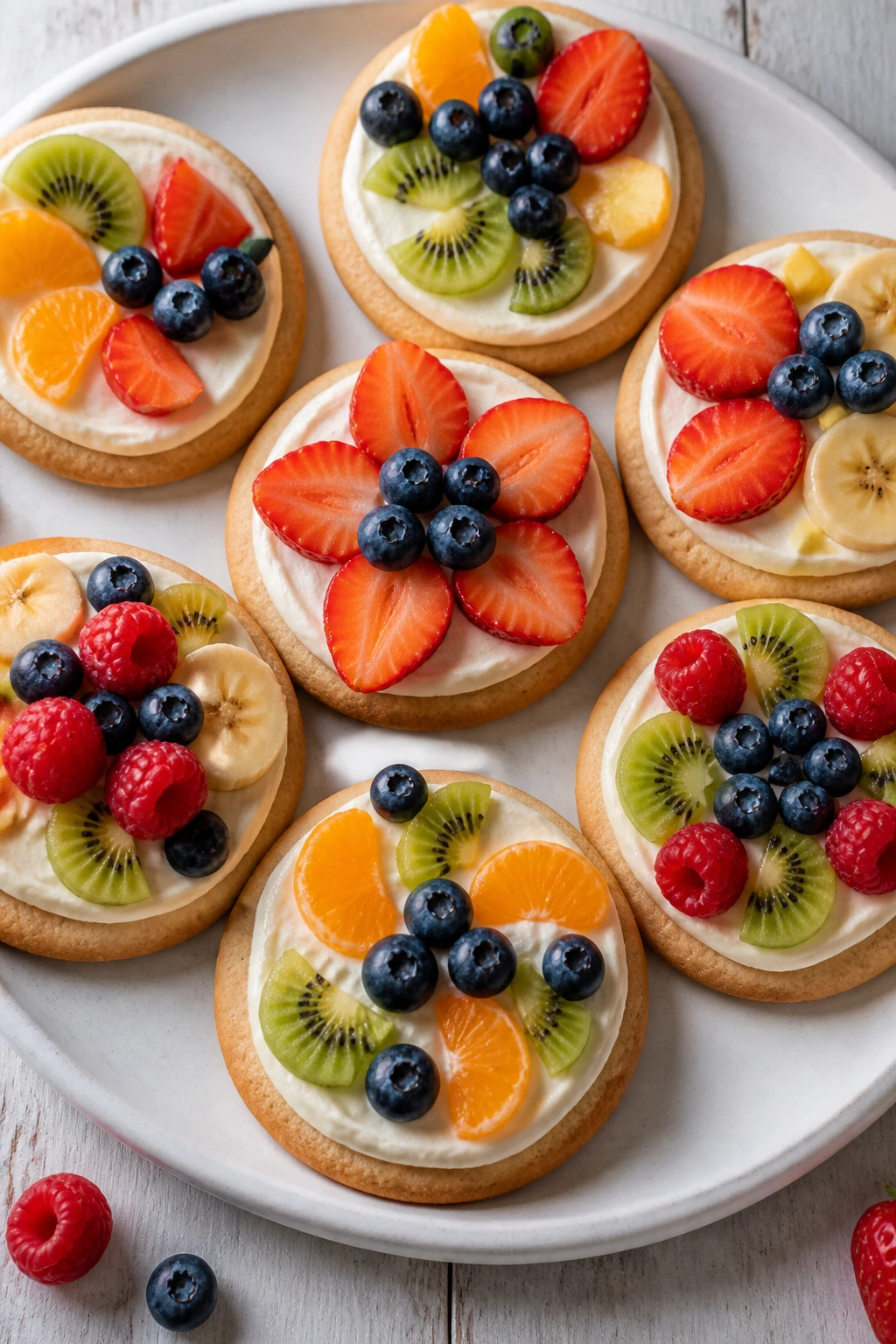 Plate of mini fruit pizzas with frosting and assorted fruit toppings.