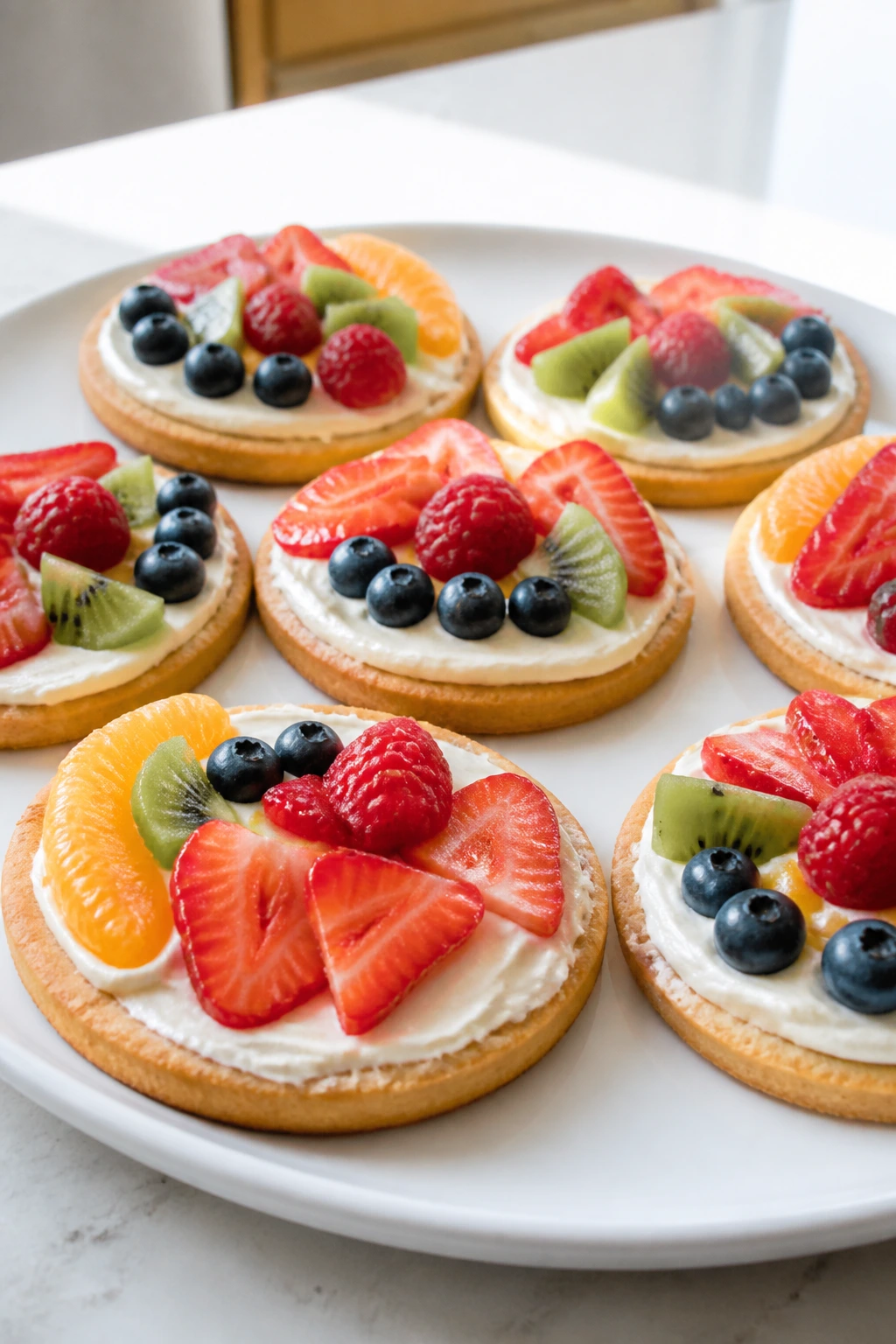 Close-up of mini fruit pizzas with cream cheese and fruit on a plate