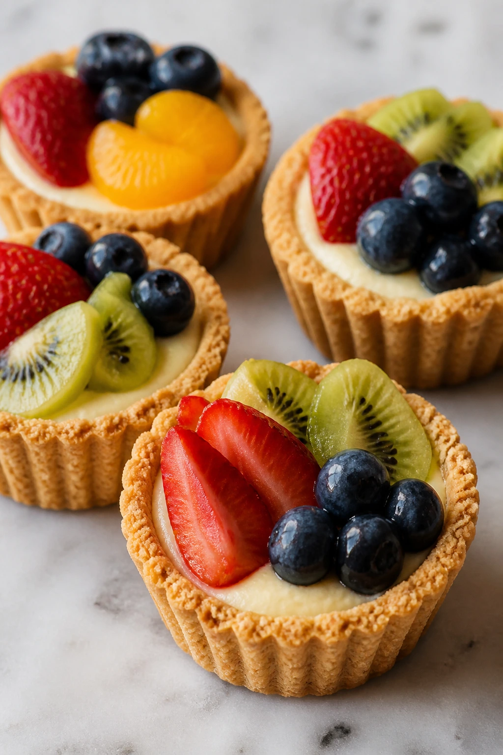 Four mini fruit tart protein cups with berry toppings