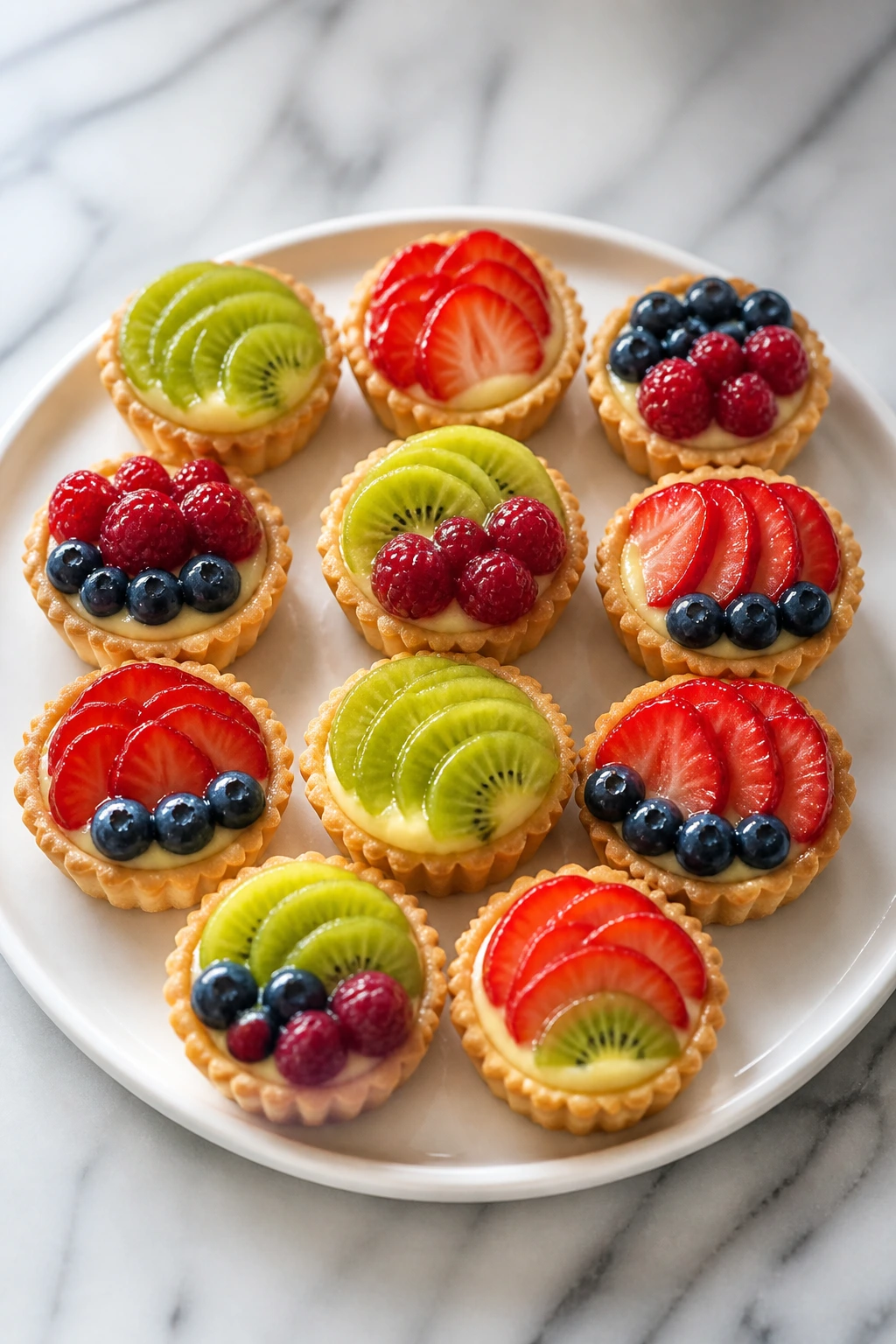 Close-up of mini fruit tarts with pastry cream and glossy fruit
