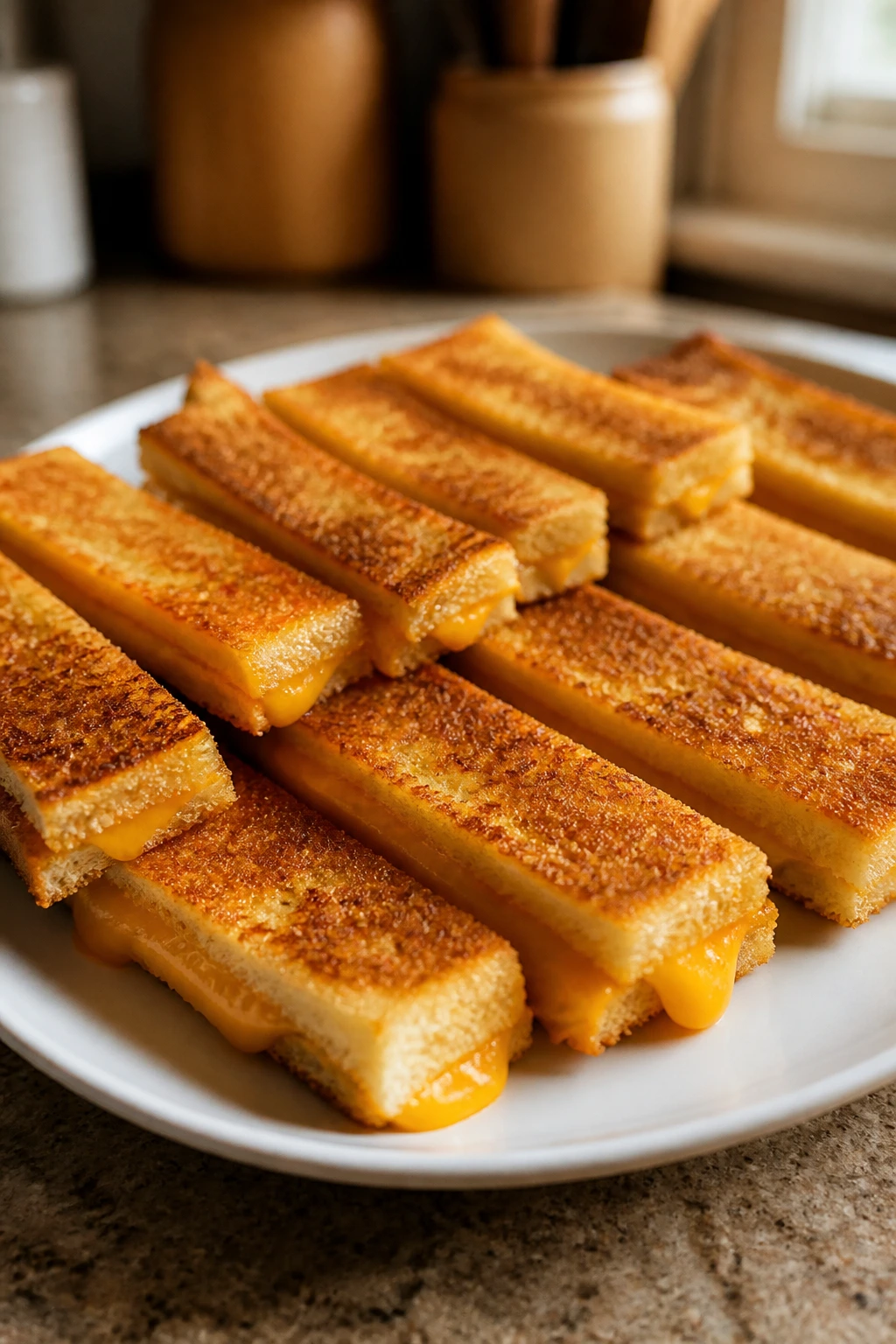 Close-up of mini grilled cheese dippers on a plate in a cozy kitchen.