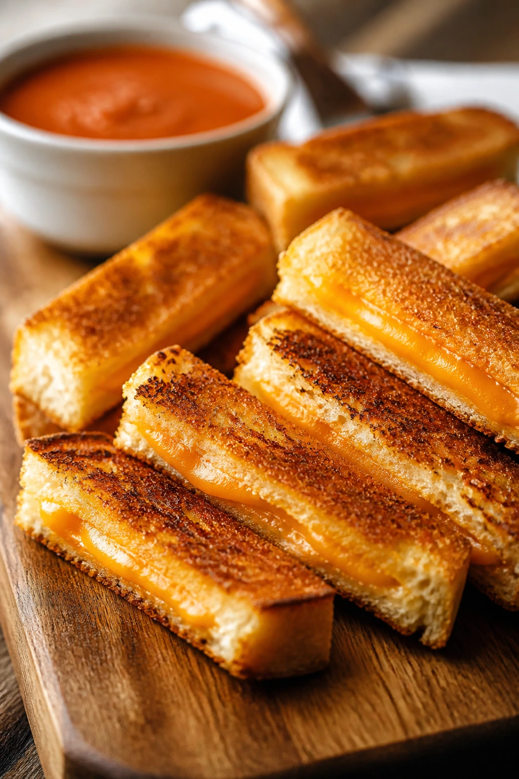Close-up of buttery grilled cheese dippers on a wooden board with tomato soup blurred in the background