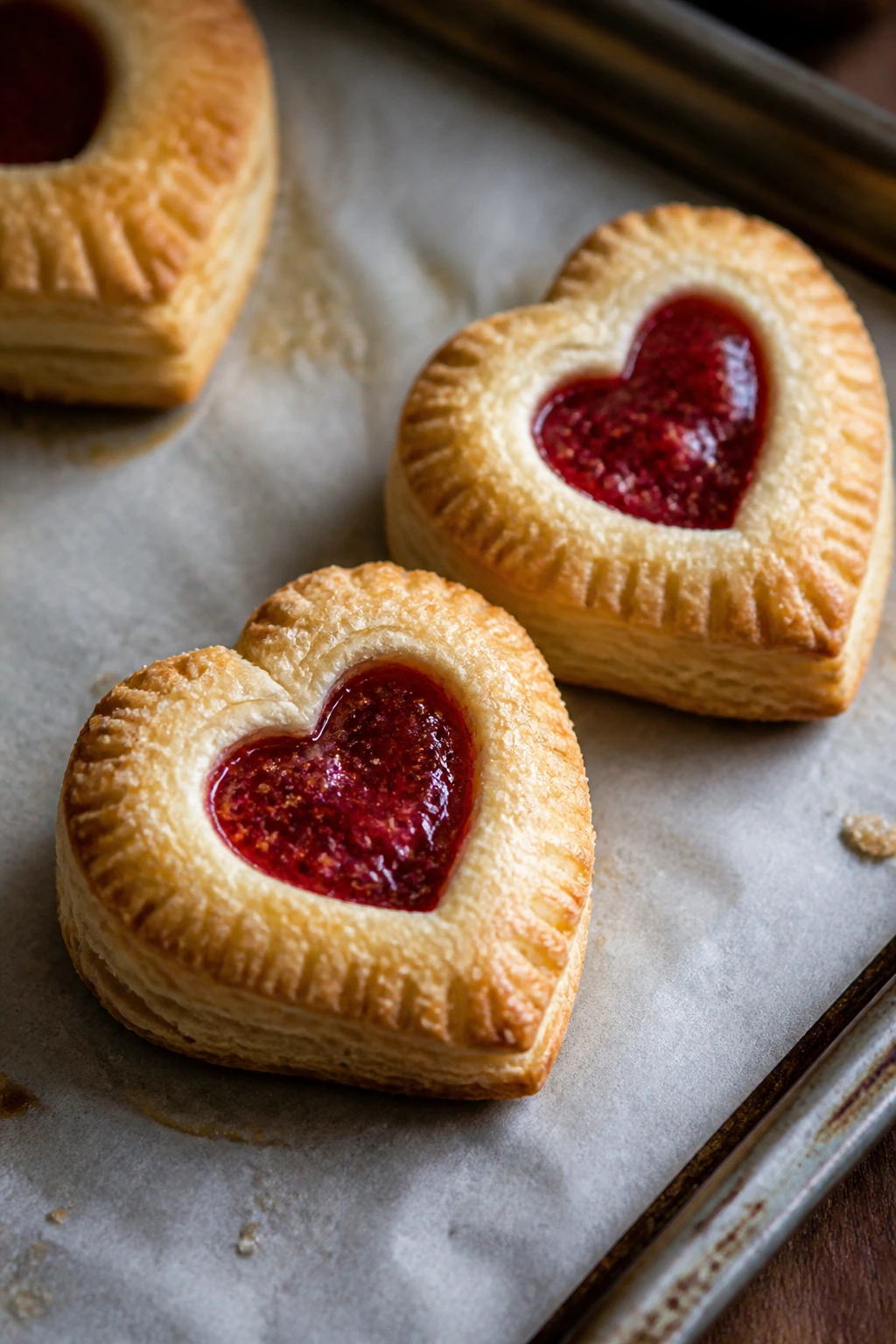 Close-up of mini heart hand pies with strawberry jam filling on parchment