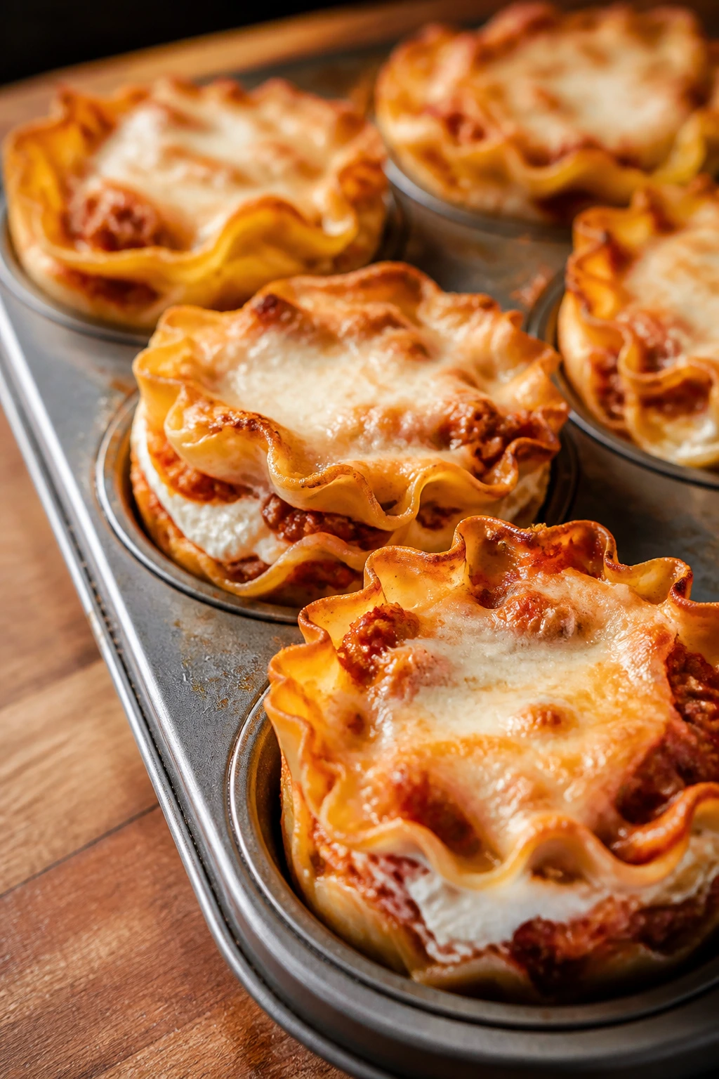 Close-up of mini lasagna cups in muffin tin, lunchbox-friendly