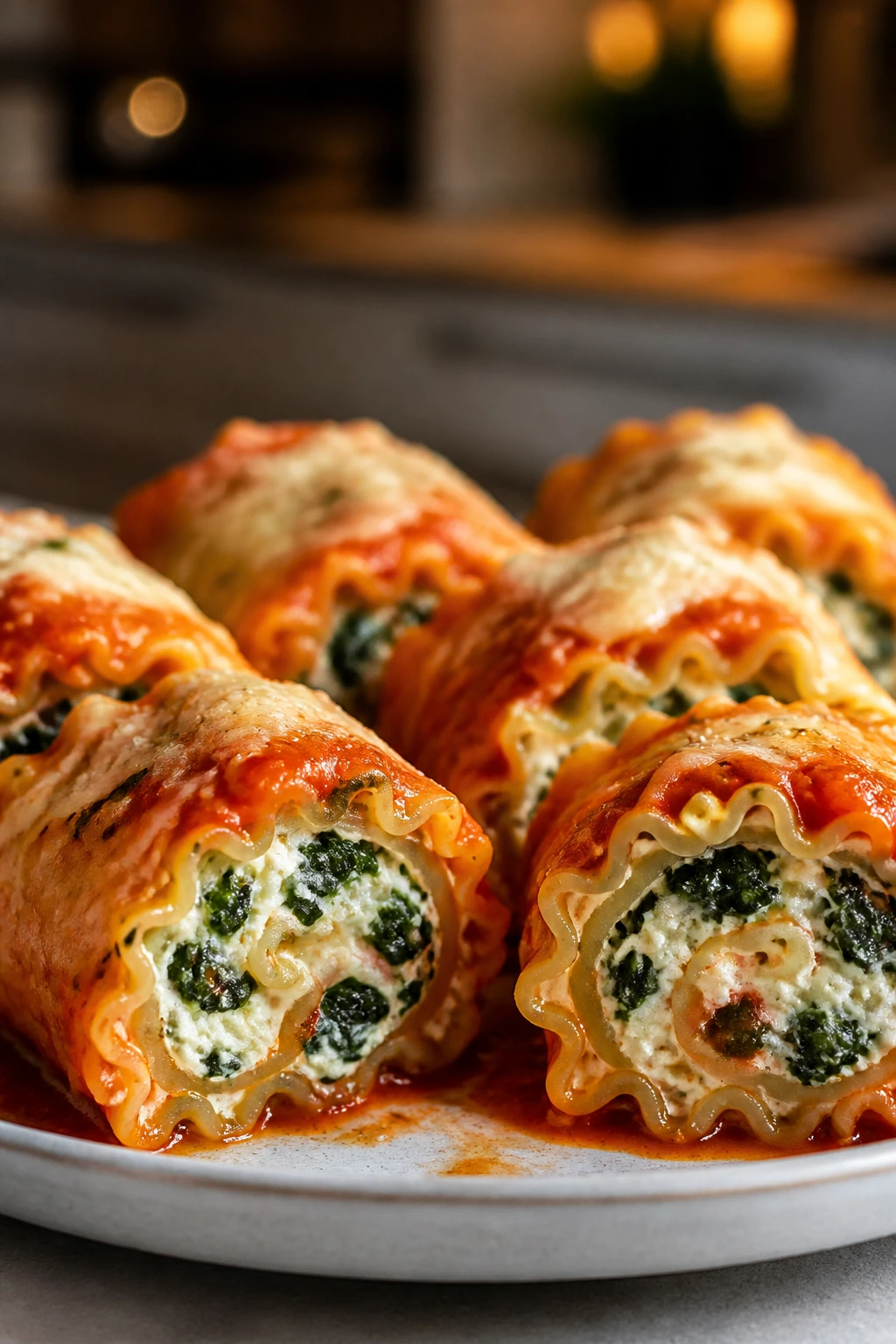Close-up of mini lasagna roll-ups with ricotta filling.