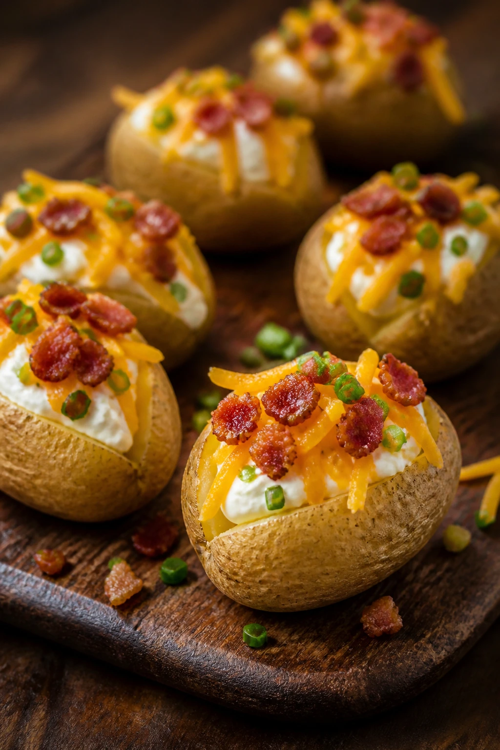 Close-up of mini loaded baked potatoes with toppings on a wooden board