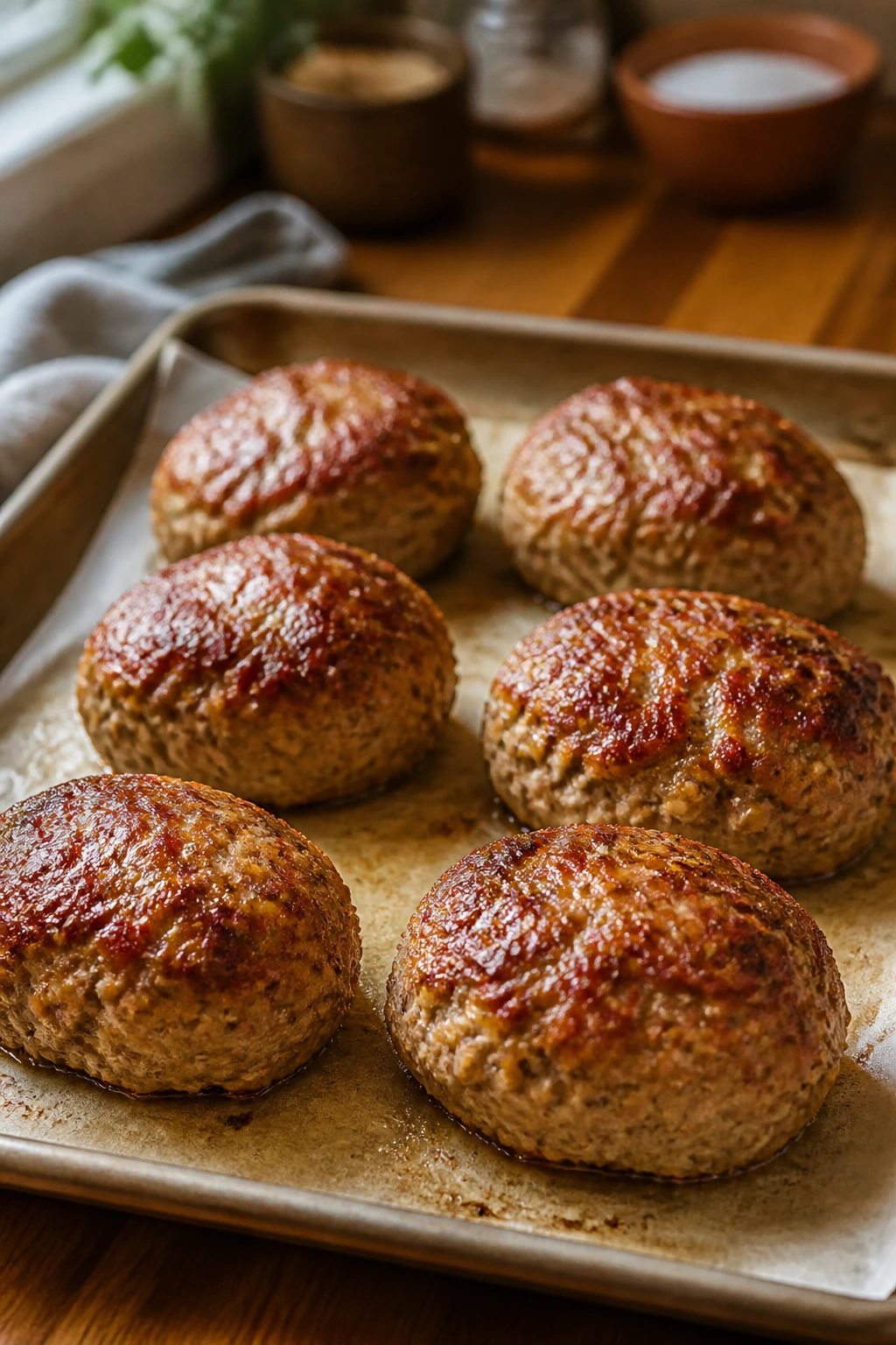Six golden mini turkey meatloaves on parchment in a cozy kitchen