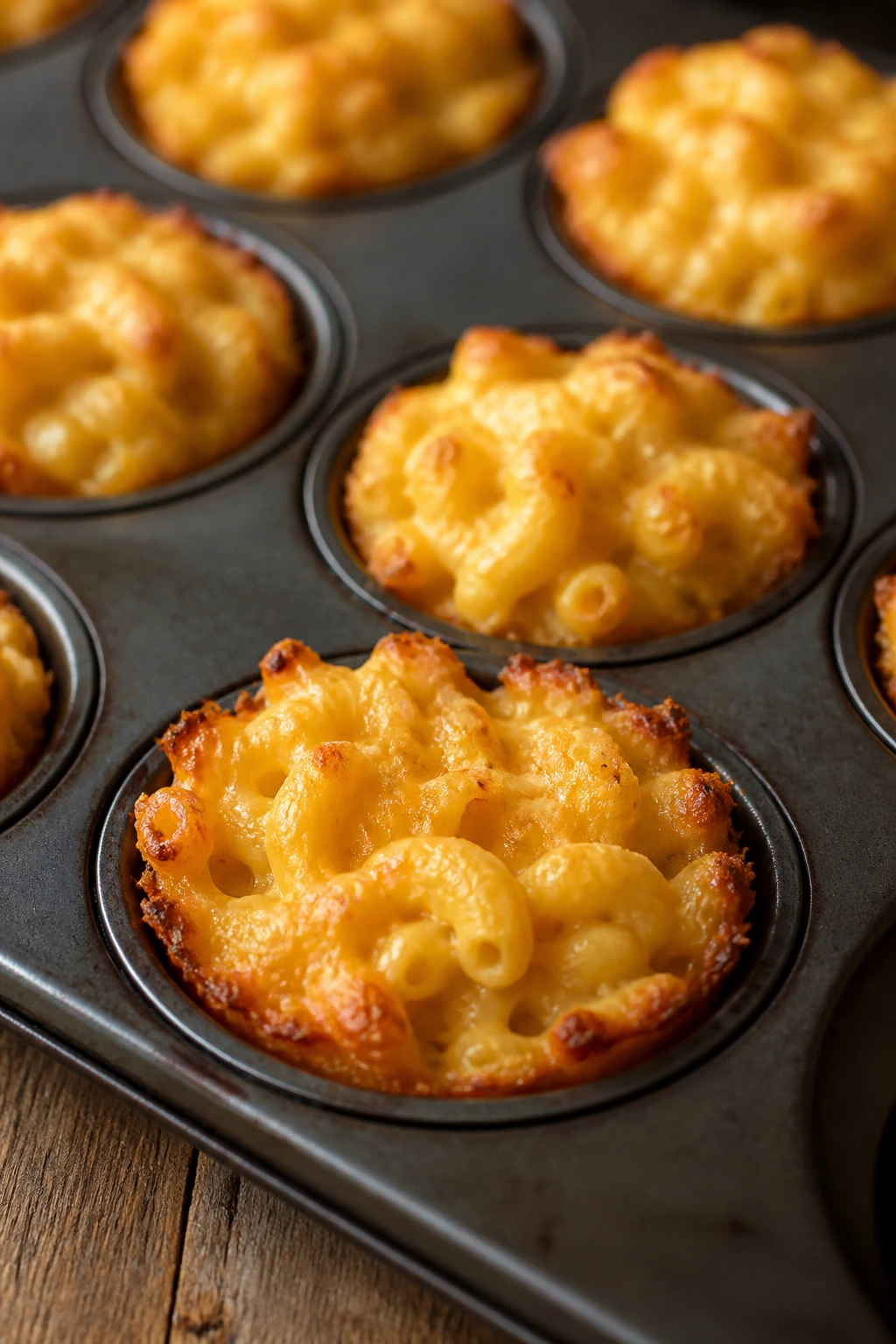 Close-up of mini mac and cheese cups in a muffin tin