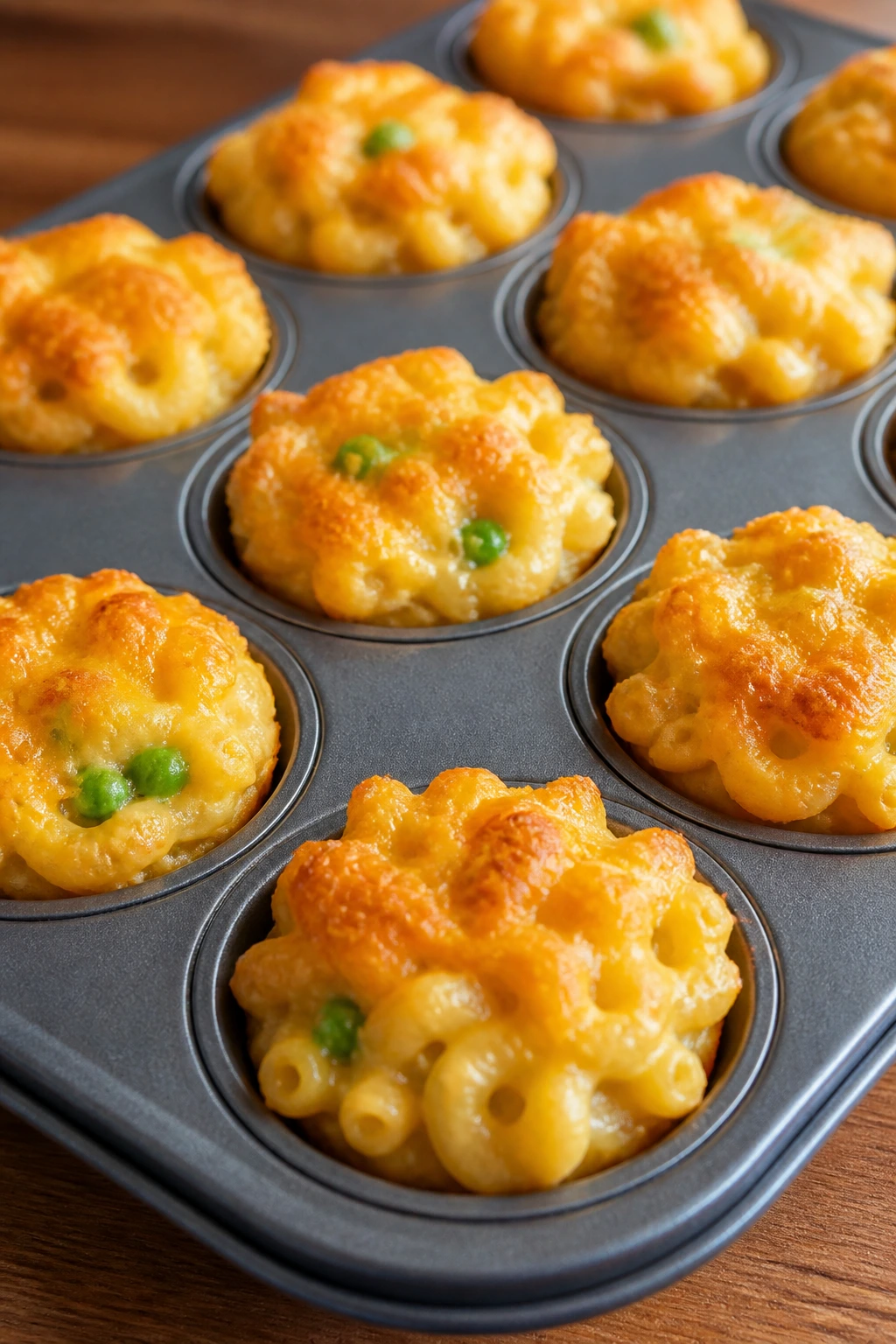Close-up of mini mac and cheese cups in muffin tin on kitchen counter