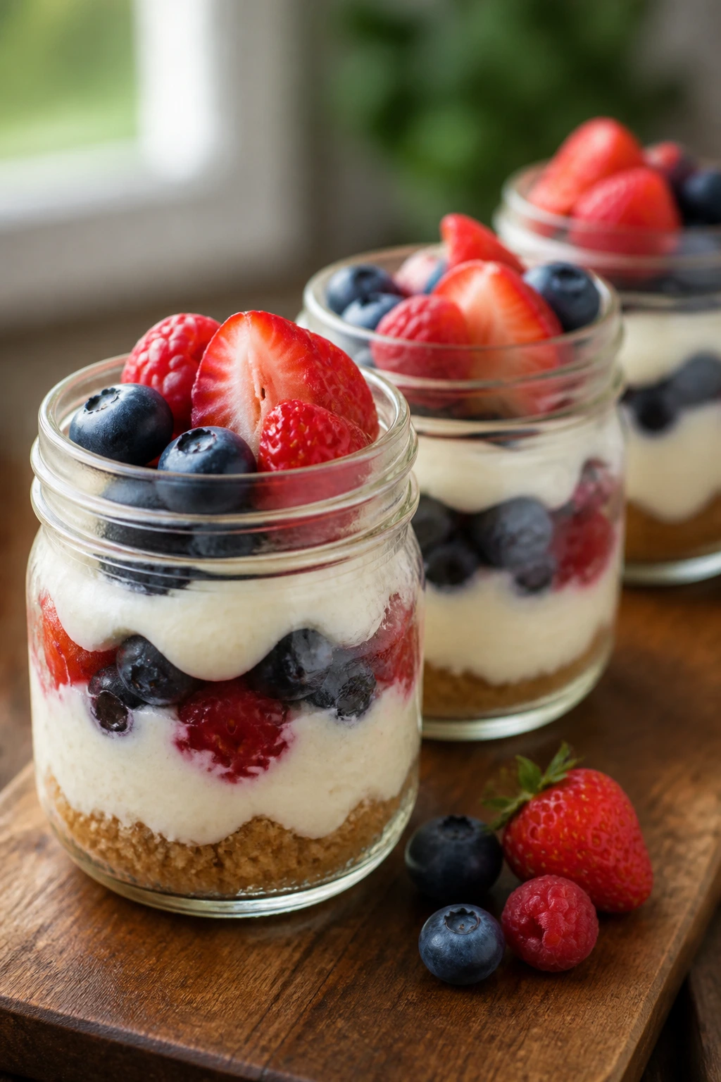 Mini mason jar cheesecakes with berries on a wooden surface.