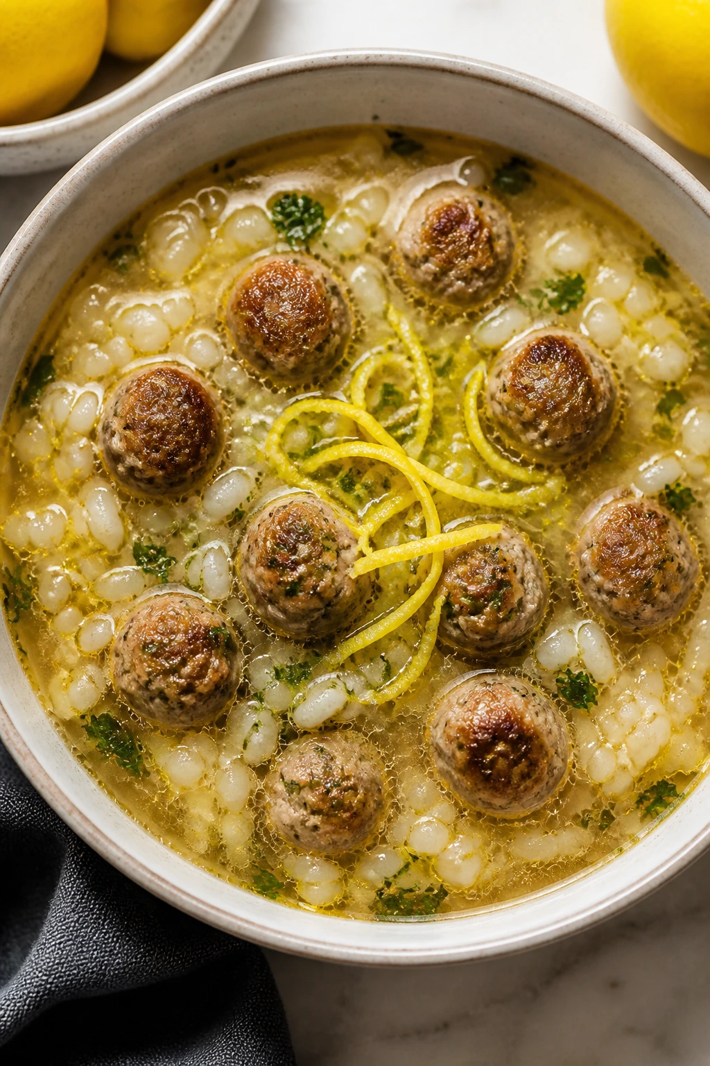 Close-up of mini meatball soup with lemon and rice in a small bowl