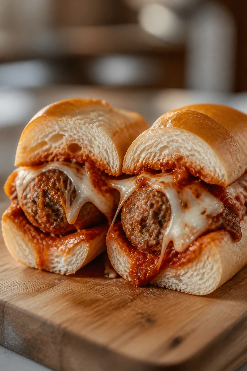 Close-up of a mini meatball sub half with melted cheese