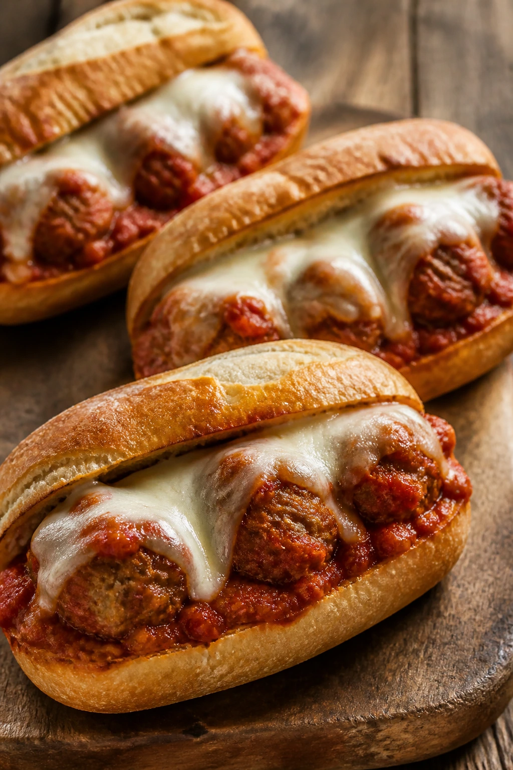 Close-up of four mini meatball subs with marinara and cheese on a wooden board