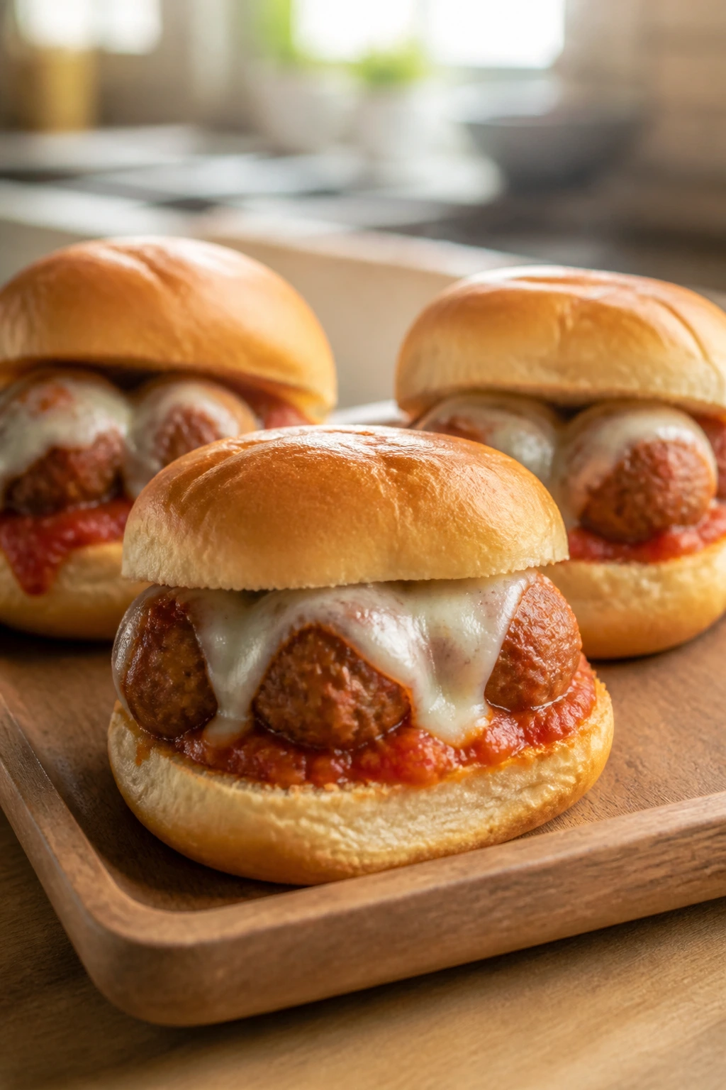 Mini meatball subs on slider buns with sauce and cheese