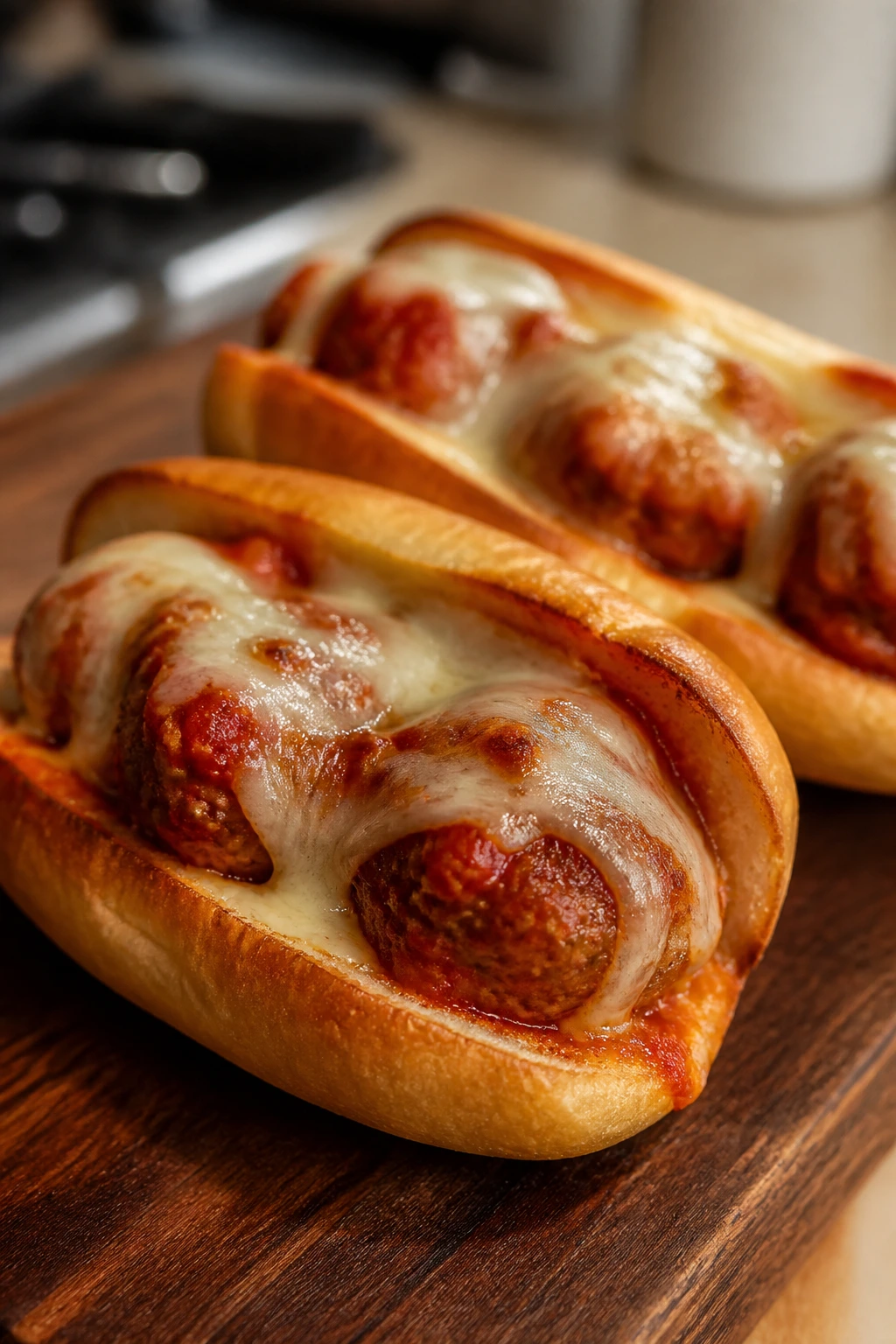 Two mini meatball subs with melted cheese on a wooden board