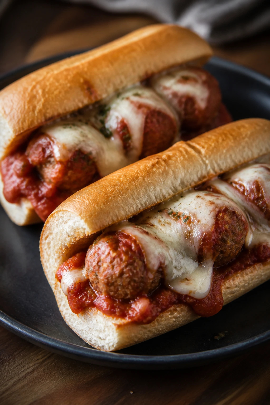 Two mini meatball subs with marinara and cheese