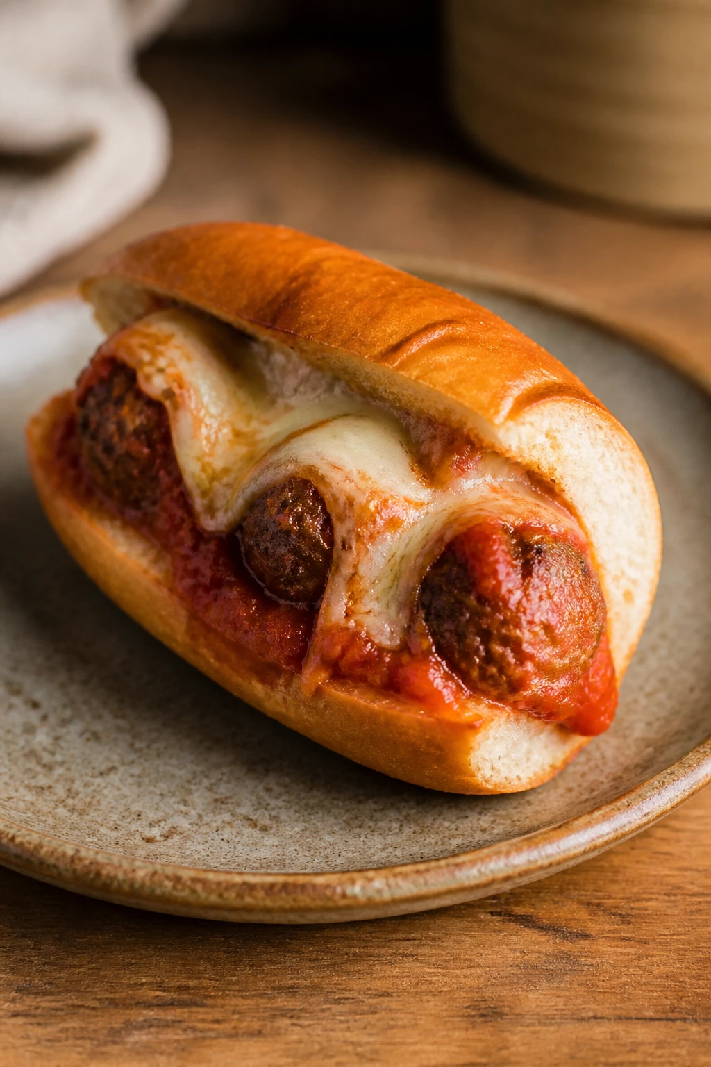 Close-up of a mini meatball sub with sauce and melted cheese