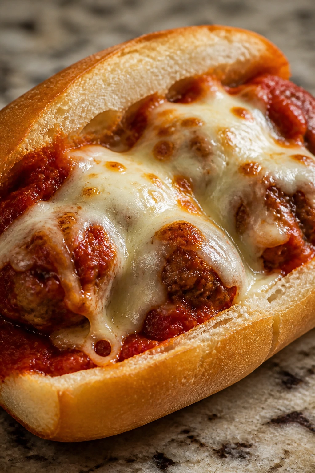 Close-up of a meatball sub with marinara and melted cheese on a plate.
