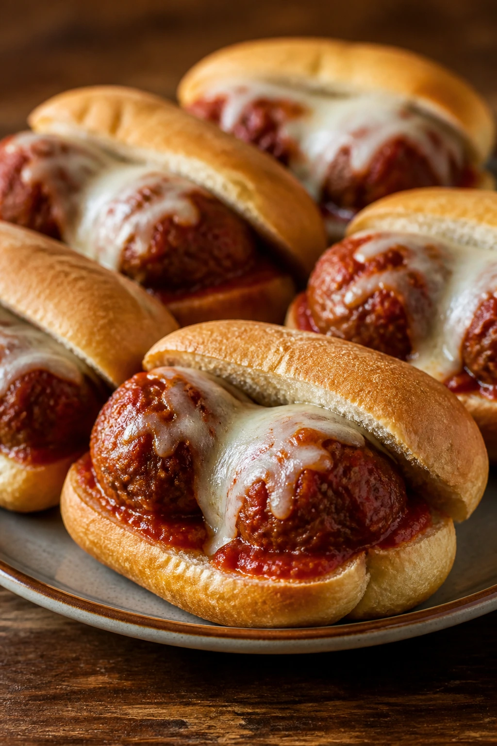 Close-up of mini meatball subs with sauce and melted cheese