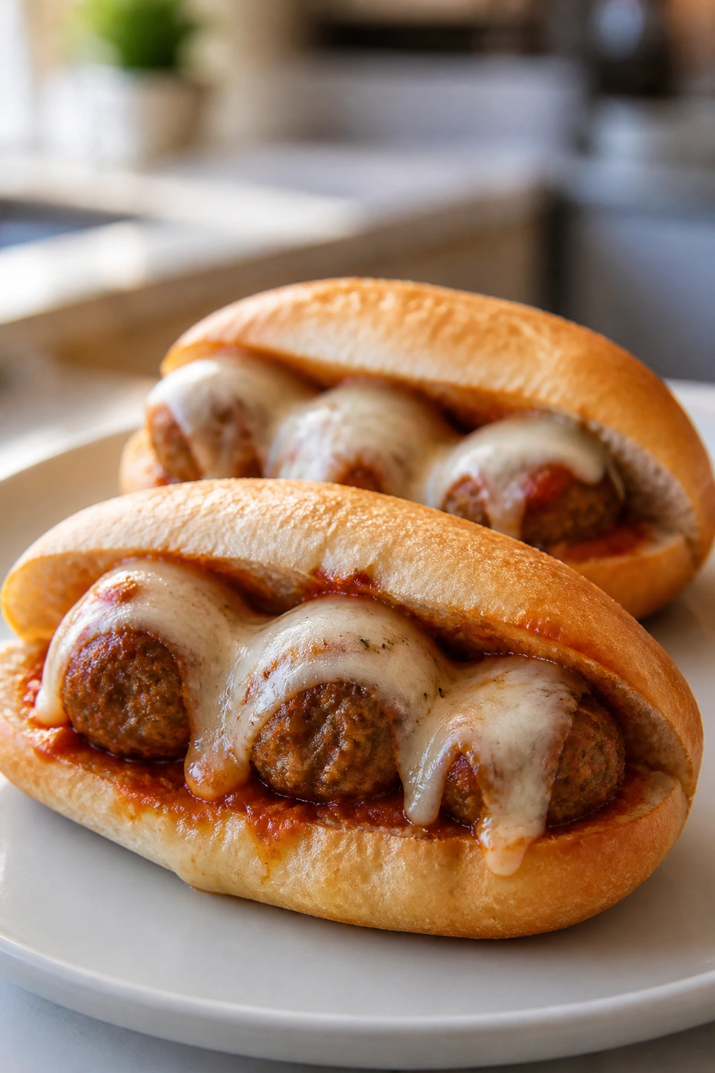 Two mini meatball subs with melted cheese on a plate, marinara visible