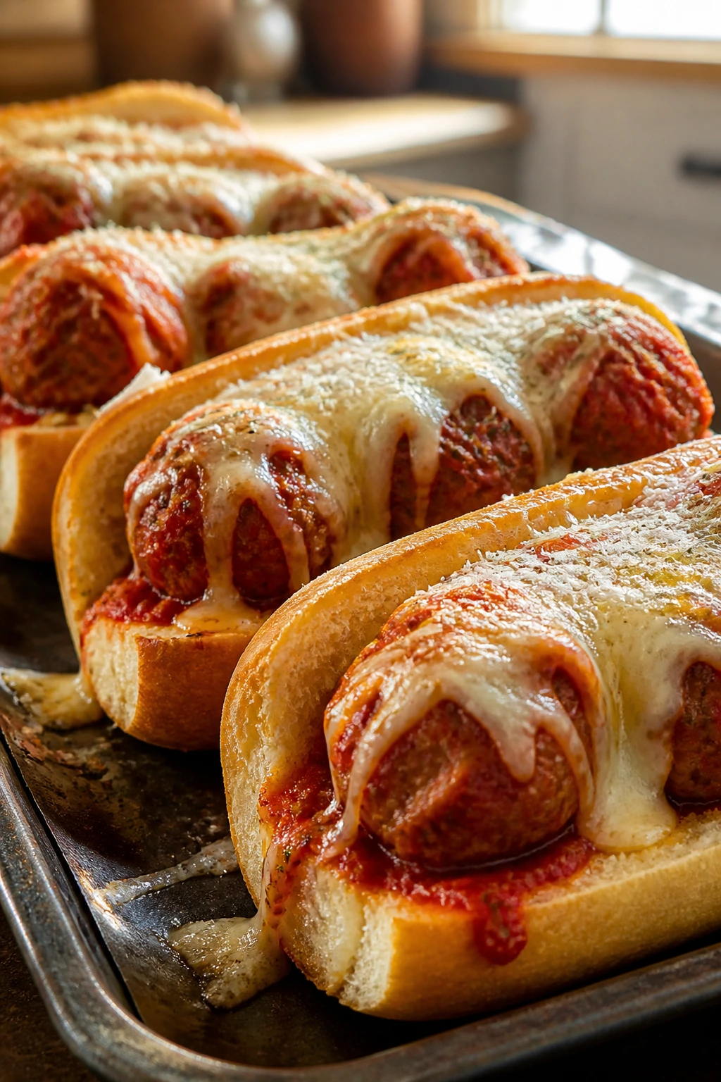 Close-up of mini meatball subs with marinara and melted cheese