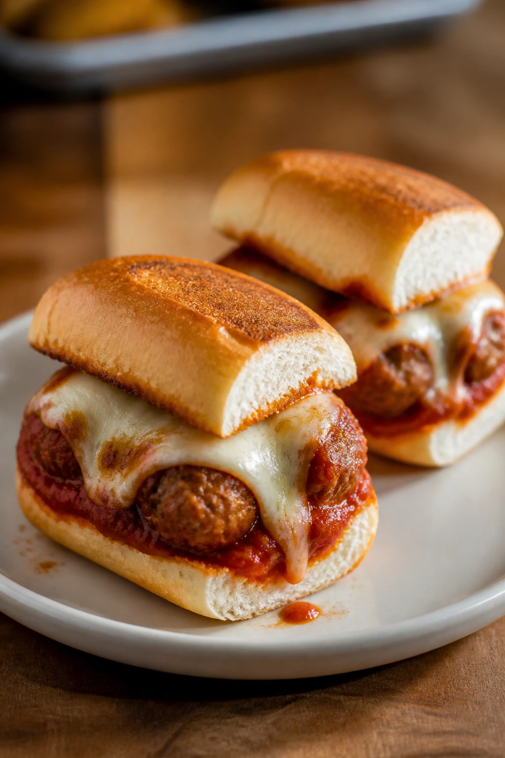 Close-up of mini meatball subs with marinara and melted cheese