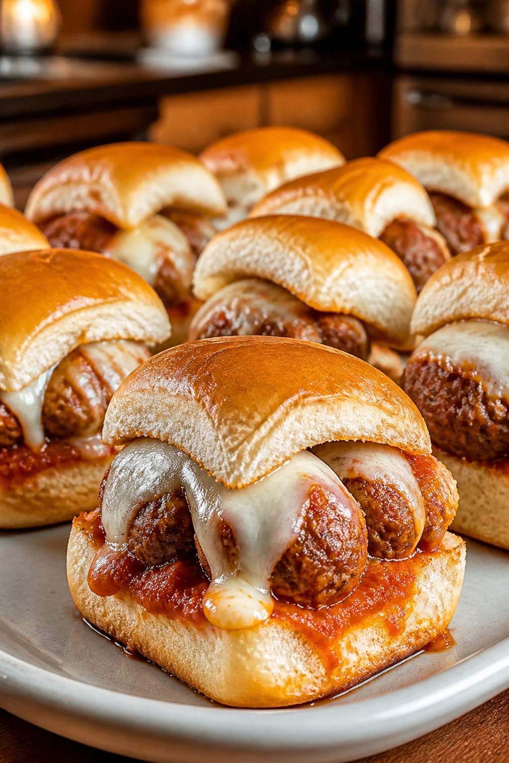 Mini meatball subs with marinara and mozzarella on a serving platter
