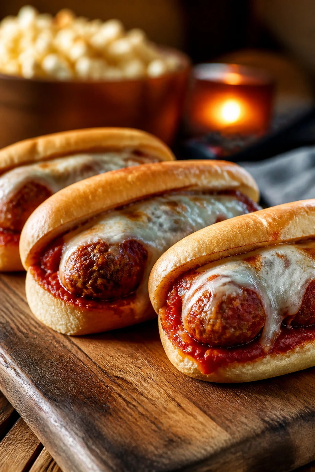 Close-up of glossy mini meatball subs with melted cheese on a wooden board