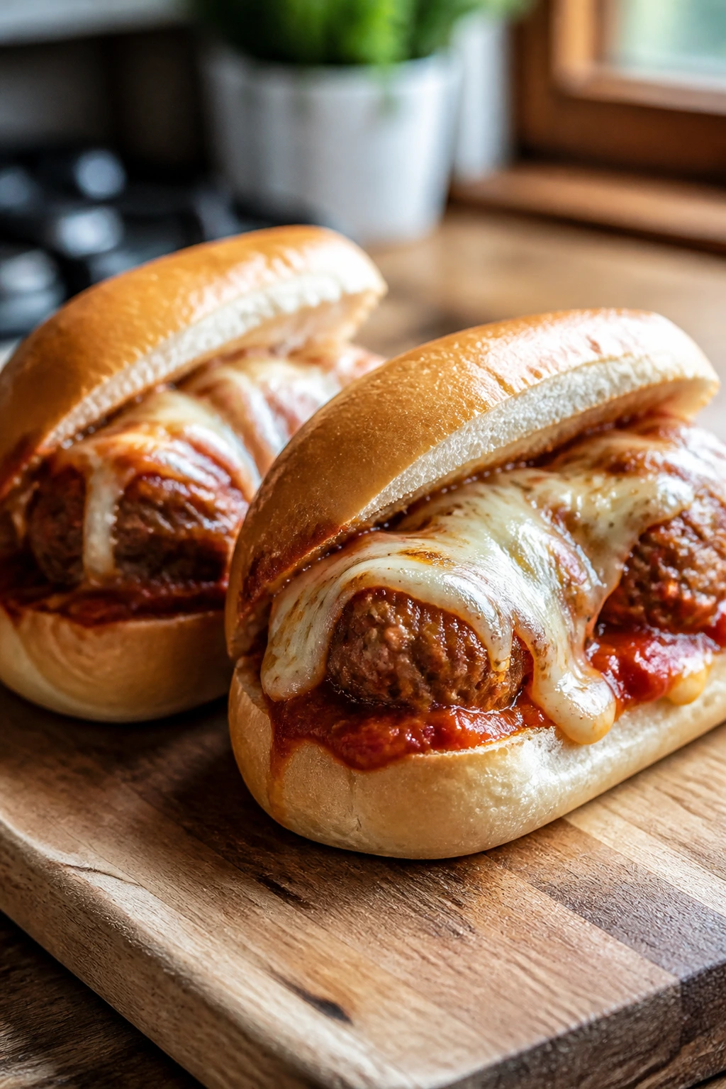 Close-up of two mini meatball subs on a wooden board with marinara and melted cheese