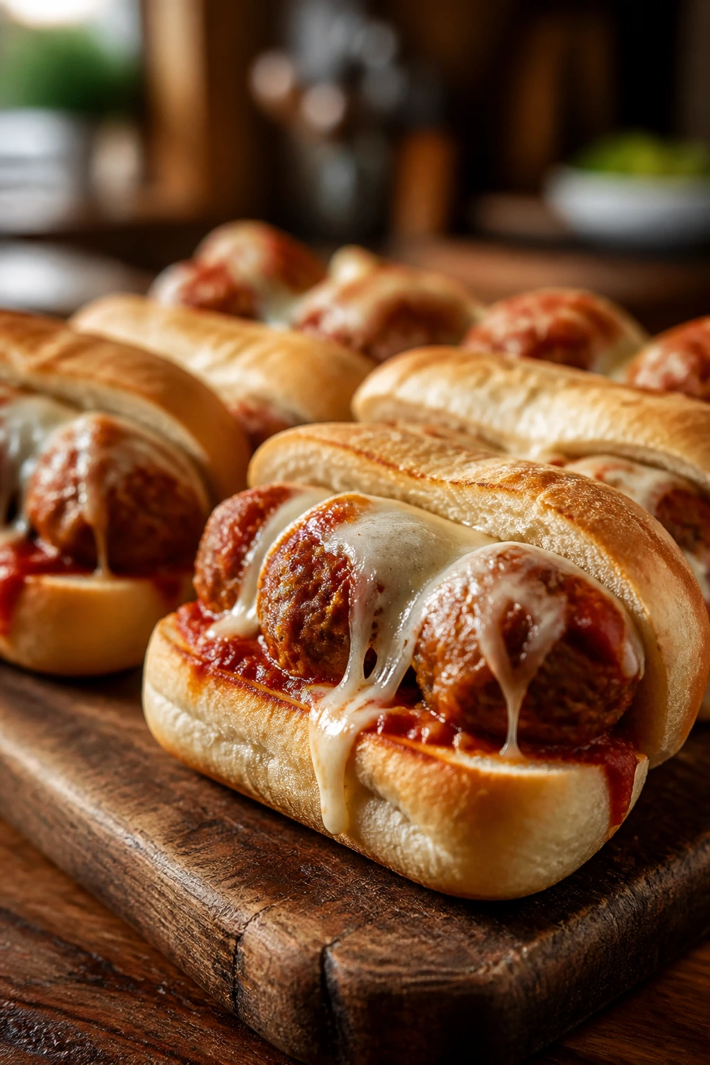 Close-up of mini meatball subs with melted mozzarella on a wooden board