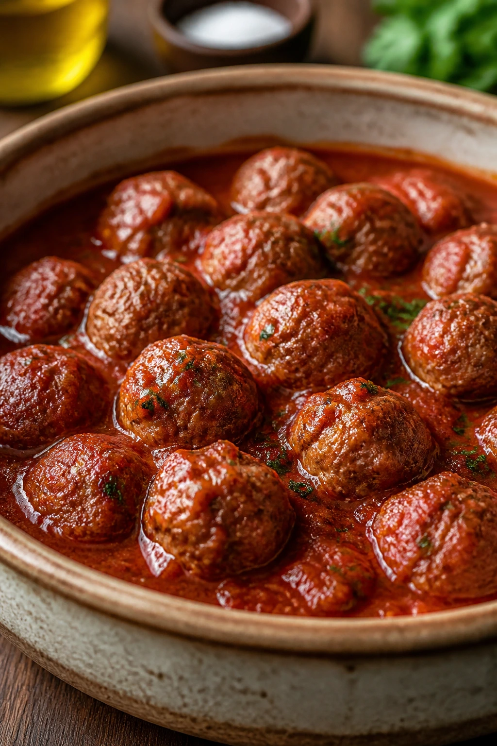 Close-up of mini meatballs in marinara sauce in a rustic bowl