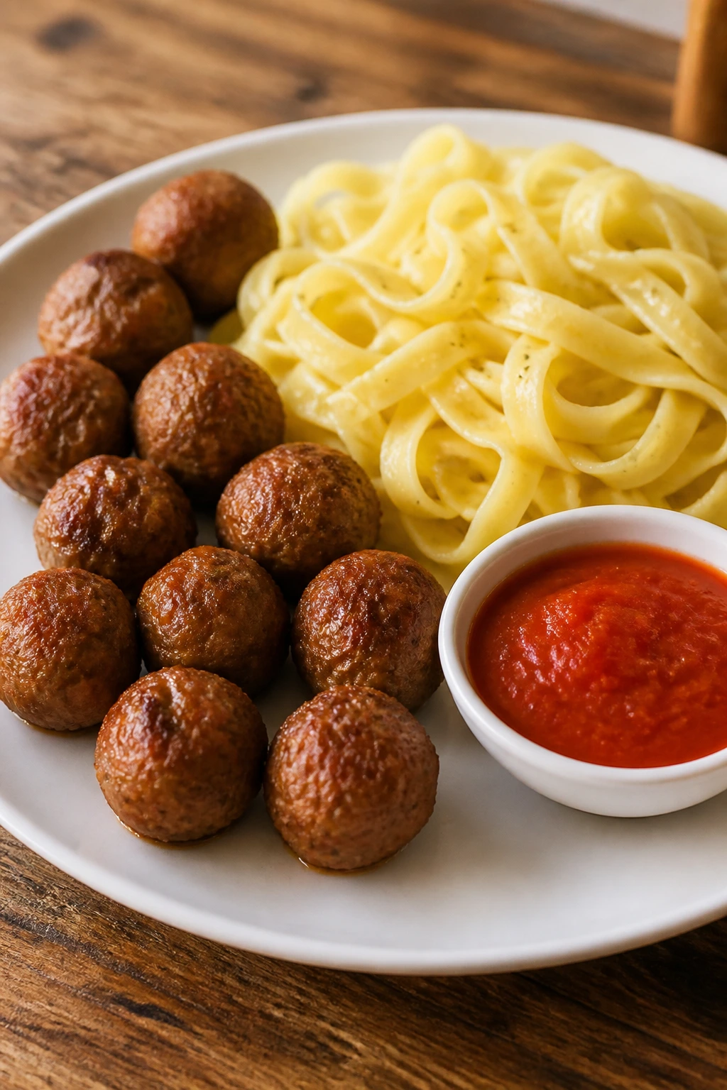 Plate with mini meatballs and buttered noodles